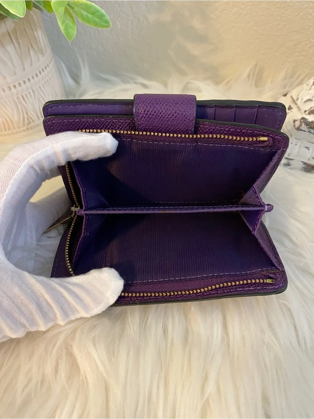 Coach Eggplant Purple Leather Snap-Closure Wallet with Gold Logo